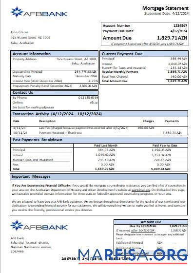 Blank Azerbaijan AFB bank mortgage statement scr download for verification